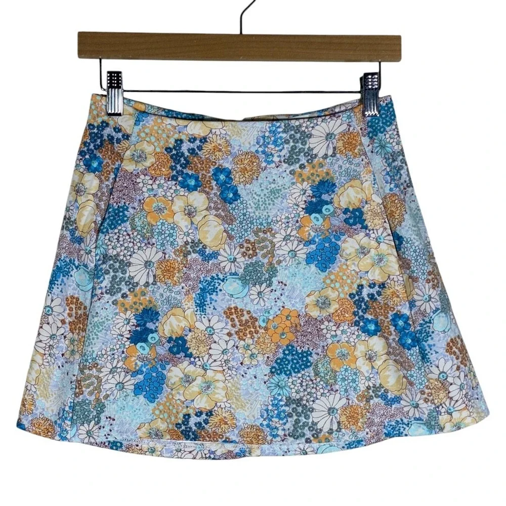 Altar'd State Retro Floral A-Line Mini Skirt Blue Orange Boho Mod 70s Size S